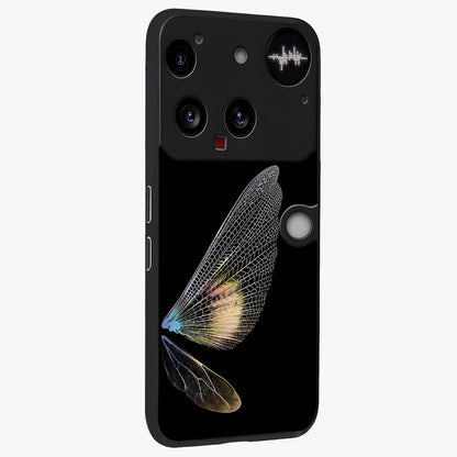 Whispers Of Wings Glass Case upright view showcasing elegant wing artwork with light airy theme.