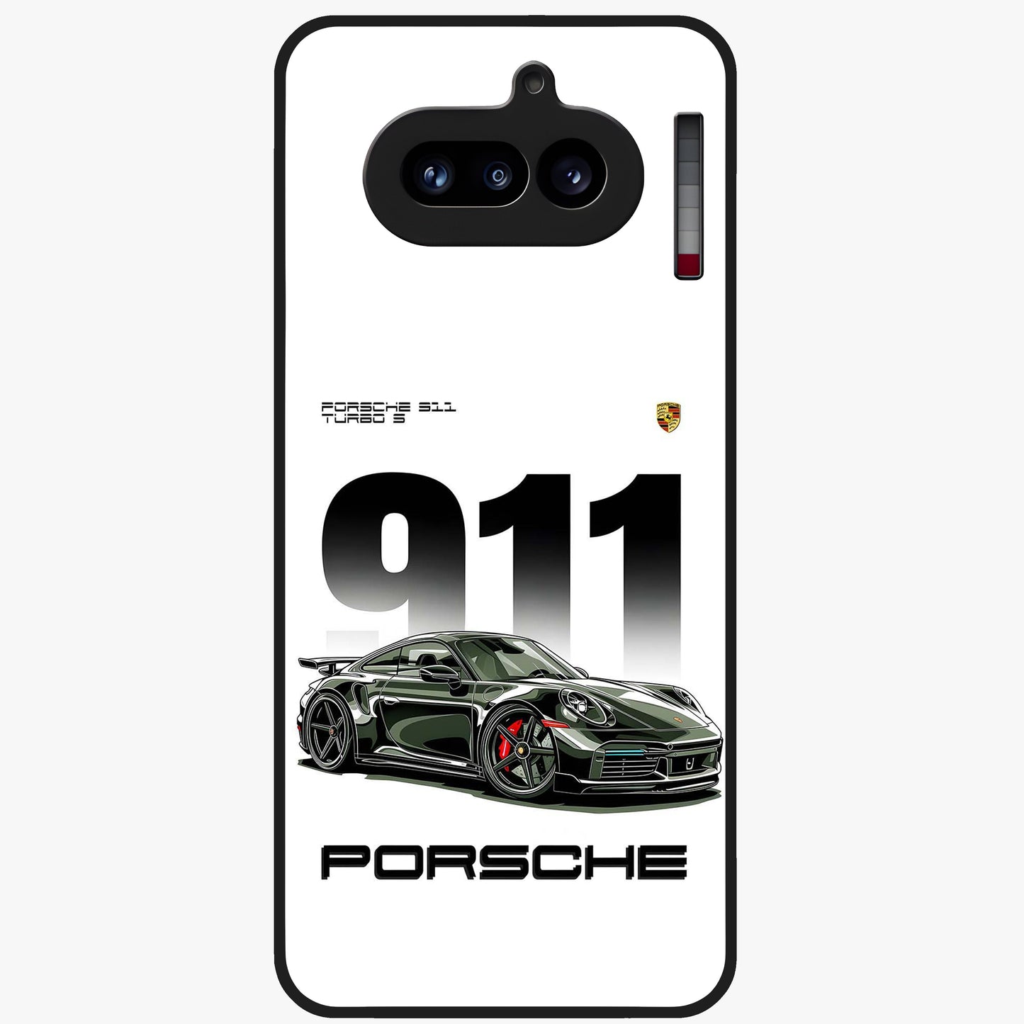 911 Turbo Dominance Glass Case showing clean flat back view with bold 911 sports car artwork and glossy glass finish.
