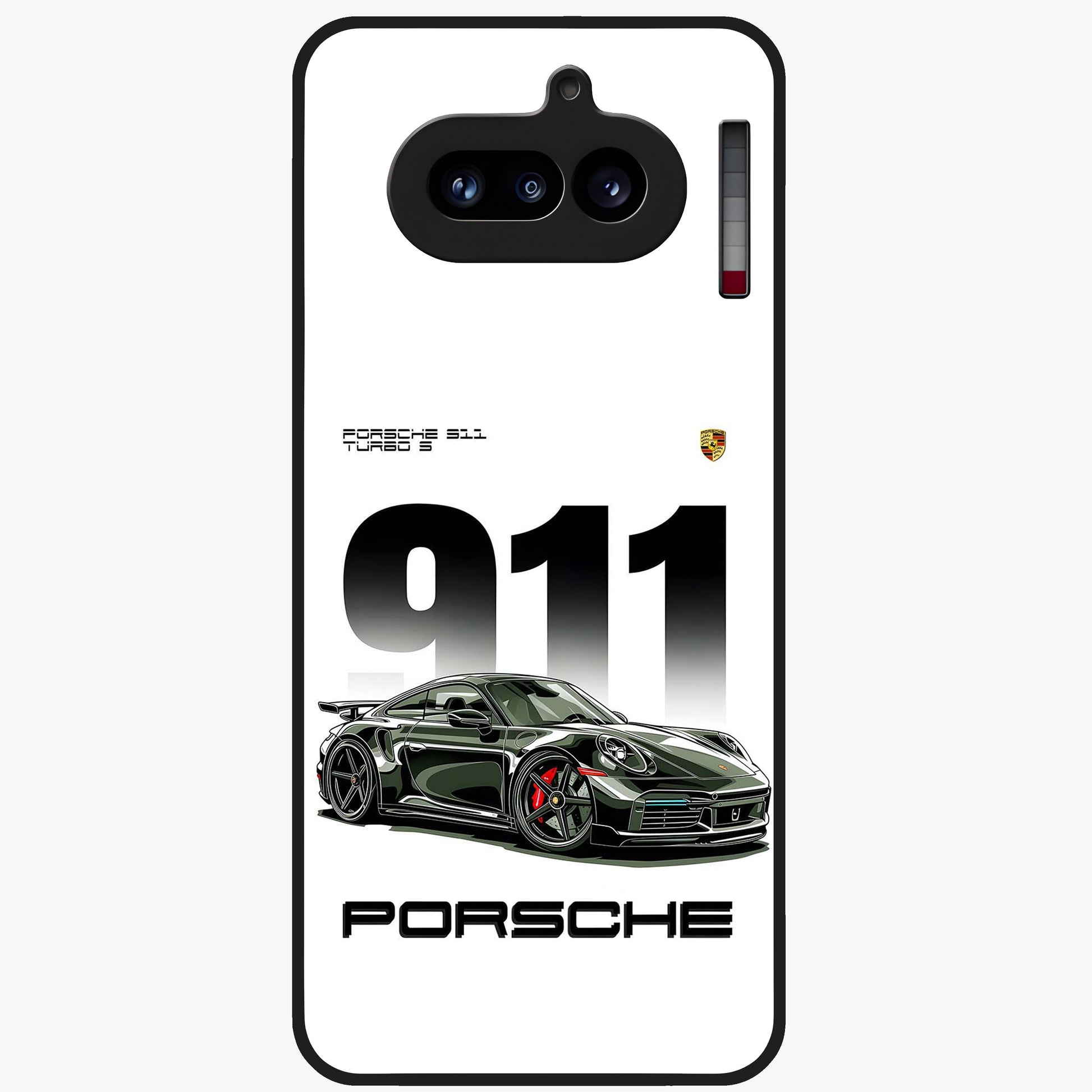 911 Turbo Dominance Glass Case showing clean flat back view with bold 911 sports car artwork and glossy glass finish.