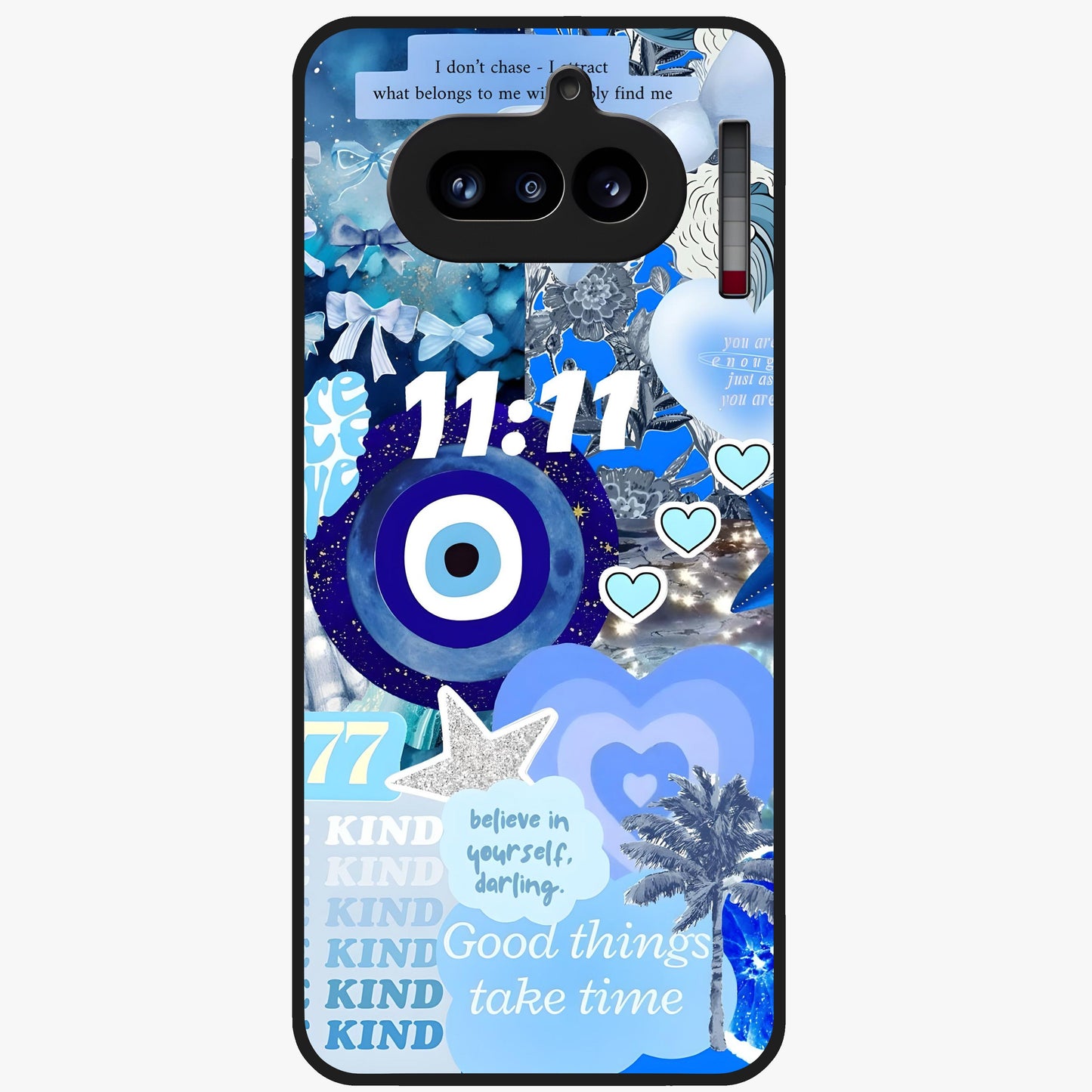 Aesthetic Be Kind Eye Glass Case showing flat back view with motivational eye artwork and glossy glass finish.