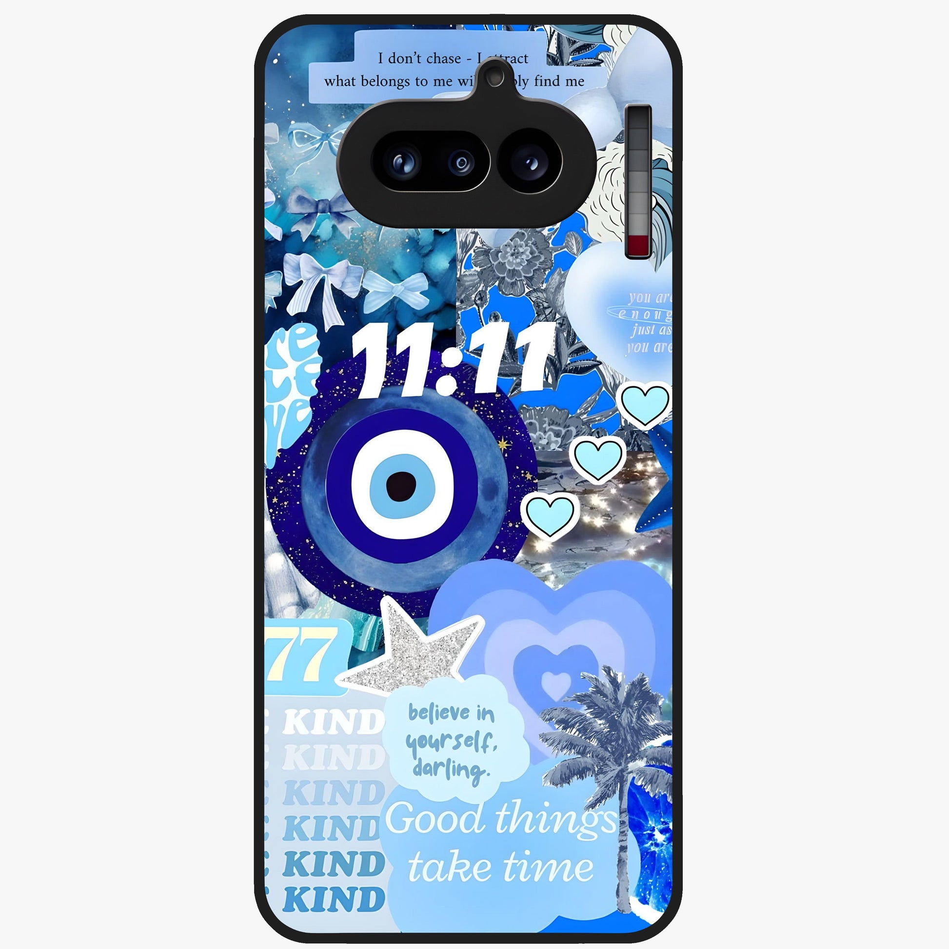 Aesthetic Be Kind Eye Glass Case showing flat back view with motivational eye artwork and glossy glass finish.
