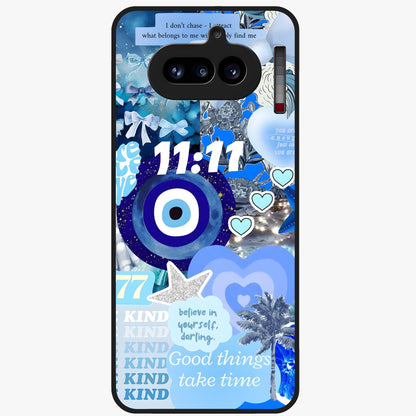 Aesthetic Be Kind Eye Glass Case showing flat back view with motivational eye artwork and glossy glass finish.