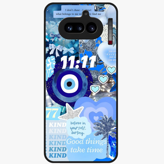 Aesthetic Be Kind Eye Glass Case showing flat back view with motivational eye artwork and glossy glass finish.