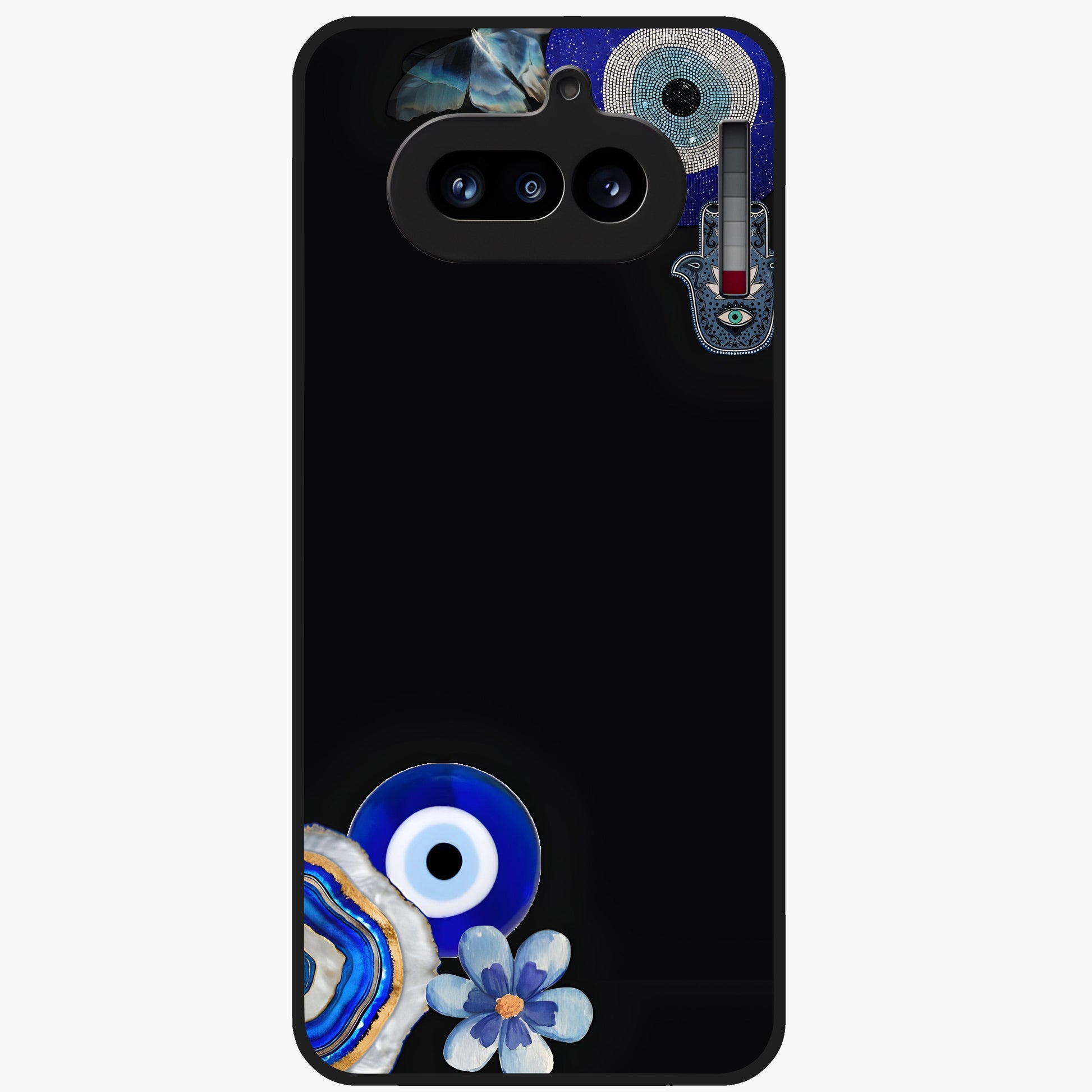 Aesthetic Blue Evil Eye Glass Case showing flat back view with protective evil eye artwork and glossy glass finish.
