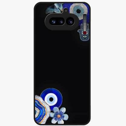 Aesthetic Blue Evil Eye Glass Case showing flat back view with protective evil eye artwork and glossy glass finish.