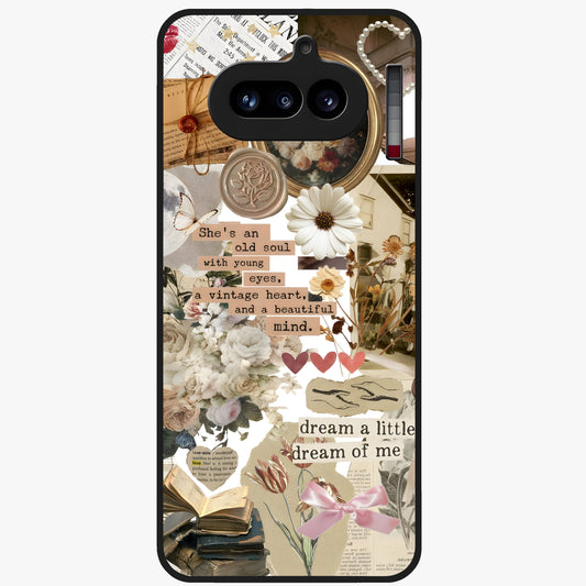 Aesthetic Brown Vintage Collage Glass Case showing flat back view with retro collage artwork and glossy glass finish.