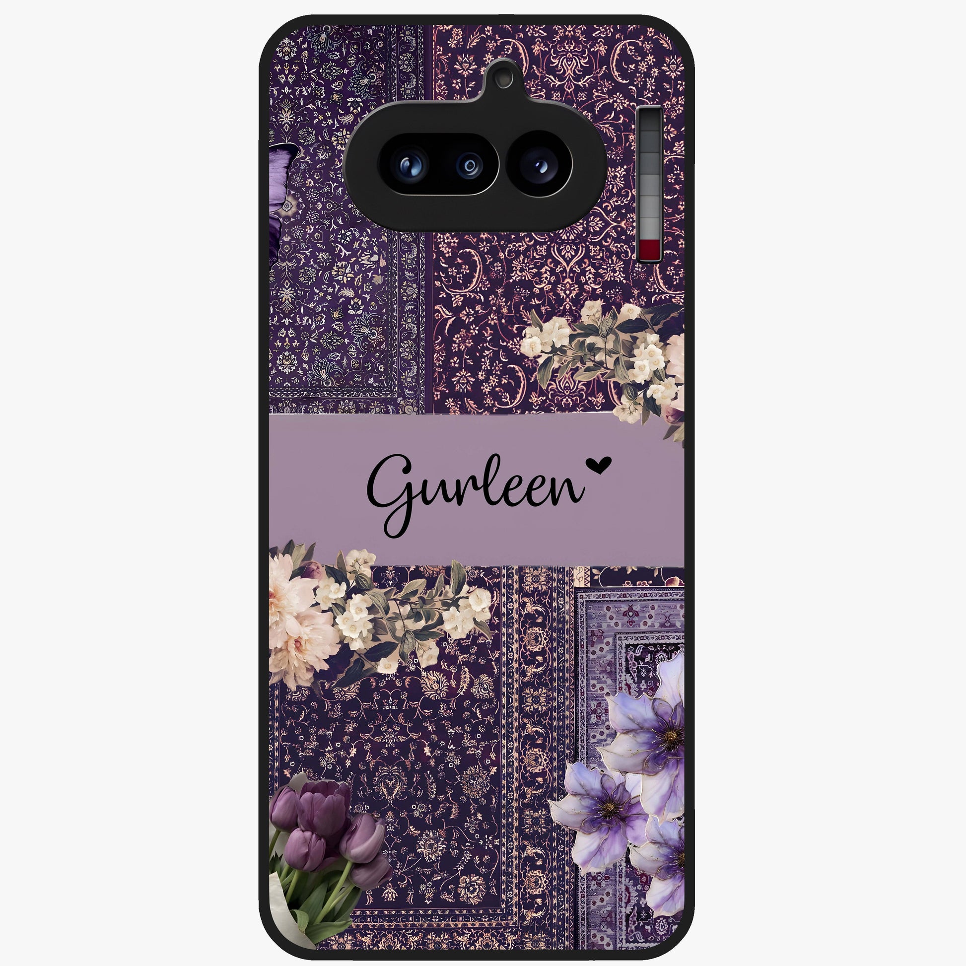 Antique Floral Whisper Custom Name Glass Case showing flat back view with vintage floral artwork and personalized name design.