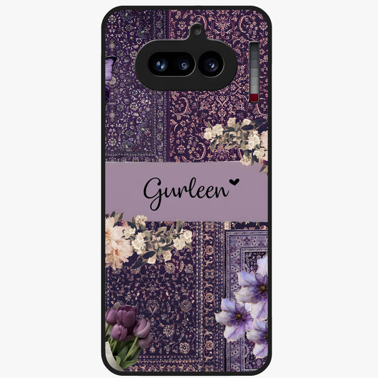 Antique Floral Whisper Custom Name Glass Case showing flat back view with vintage floral artwork and personalized name design.