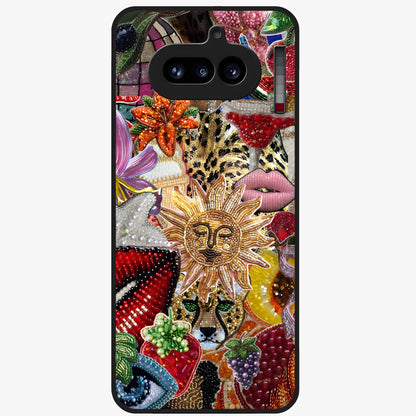 Beaded Fashion Jungle Glass Case showing flat back view with vibrant jungle inspired bead artwork and glossy glass finish.