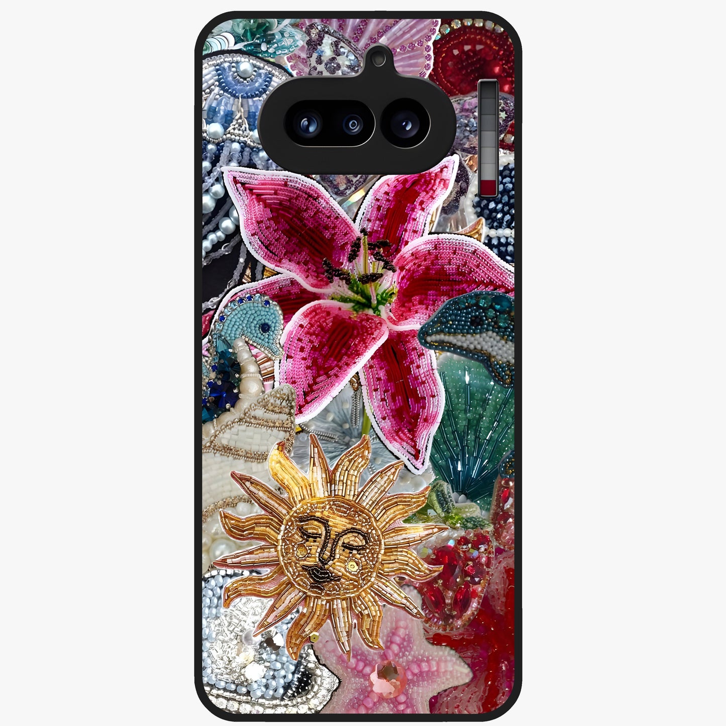 Beaded Garden Fantasy Glass Case showing flat back view with dreamy garden bead artwork and glossy glass finish.