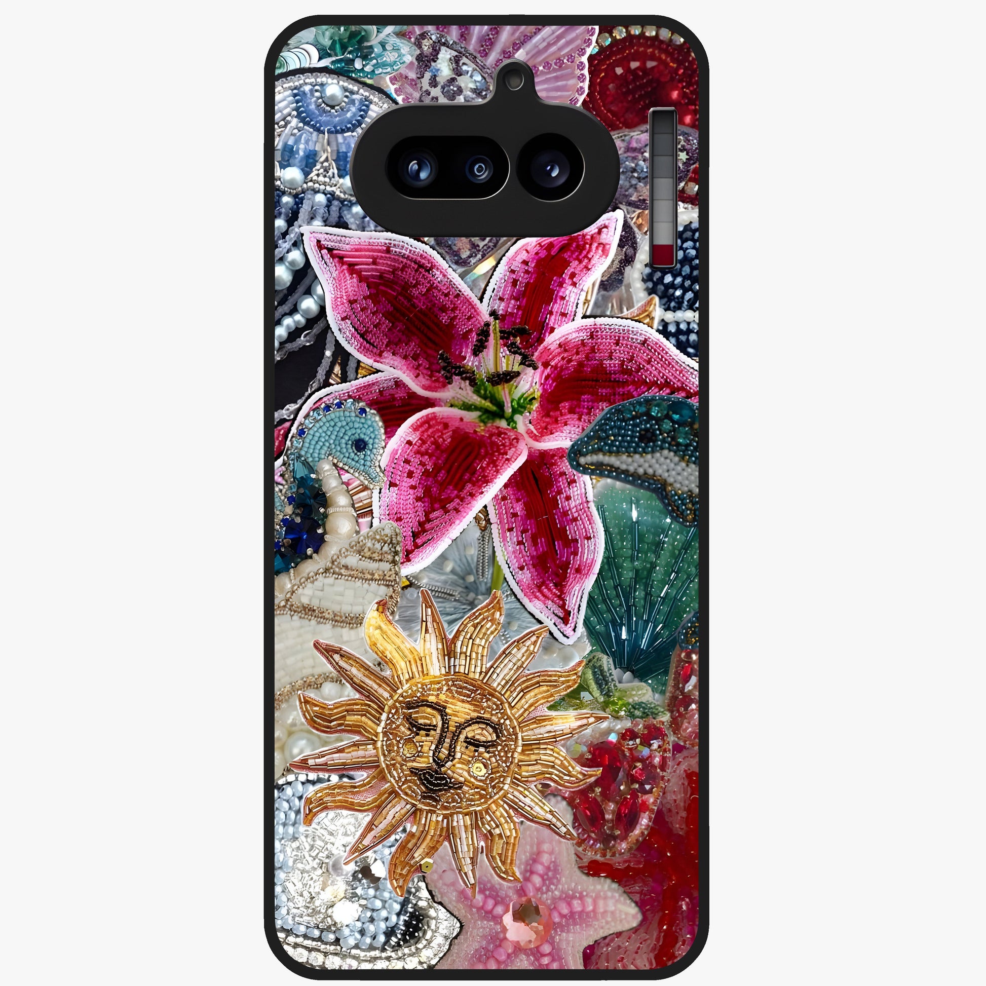 Beaded Garden Fantasy Glass Case showing flat back view with dreamy garden bead artwork and glossy glass finish.