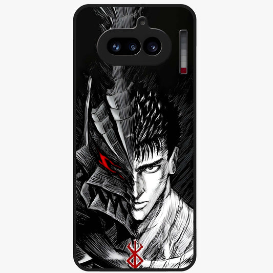 Berserker Blood Oath Glass Case showing flat back view with fierce warrior inspired artwork and glossy glass finish.