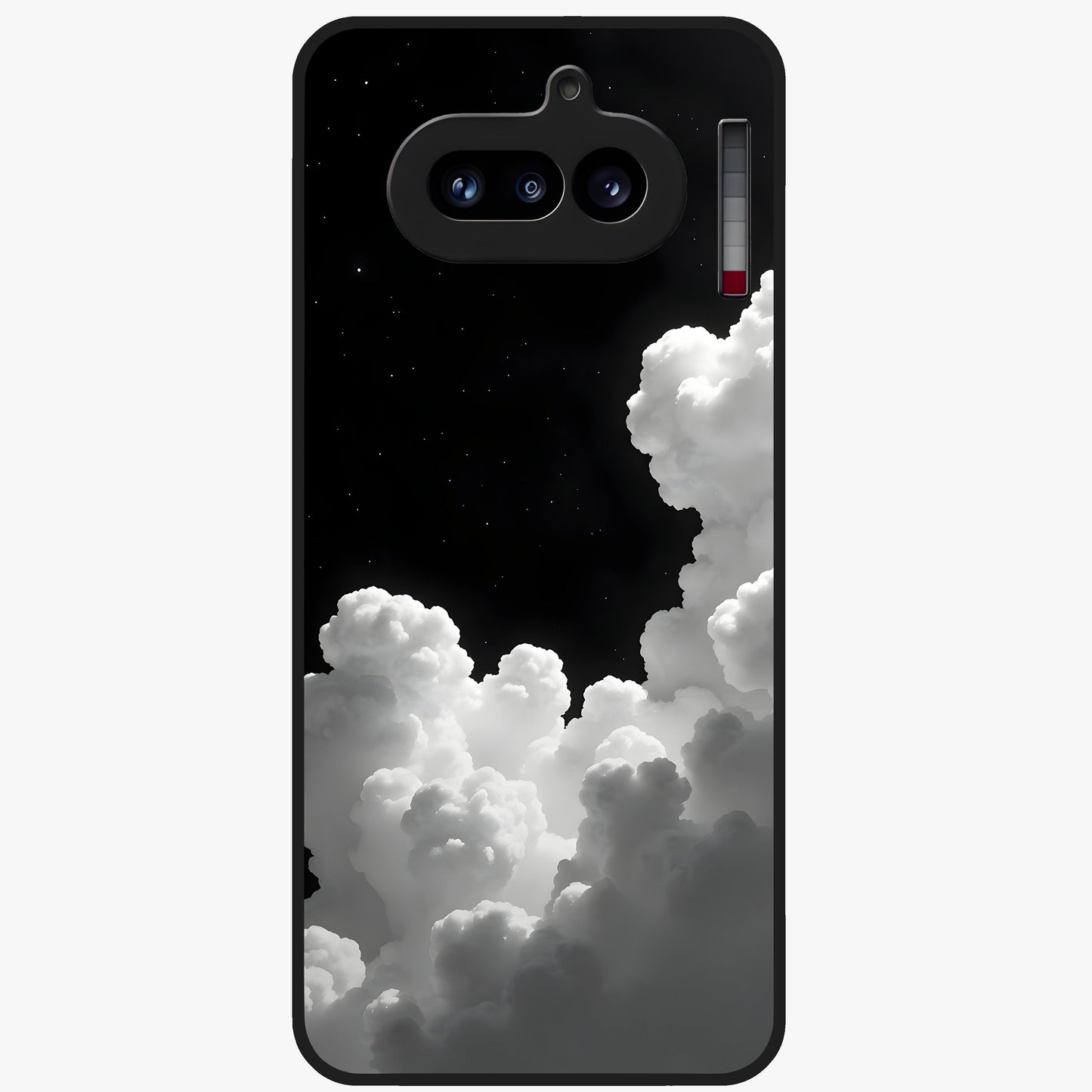Black Background With White Cloud Glass Case showing flat back view with minimal cloud artwork on dark background and glossy glass finish.