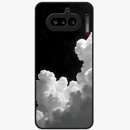 Black Background With White Cloud Glass Case showing flat back view with minimal cloud artwork on dark background and glossy glass finish.