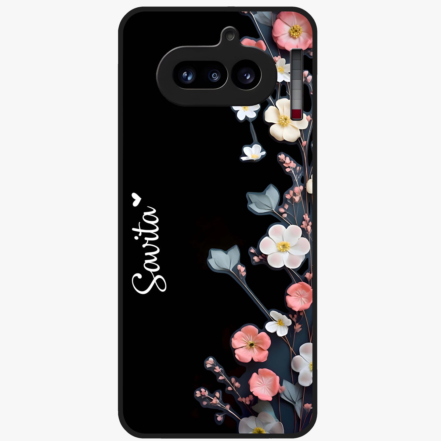 Black Elegance Floral Custom Name Glass Case showing flat back view with elegant floral artwork and personalized name design.
