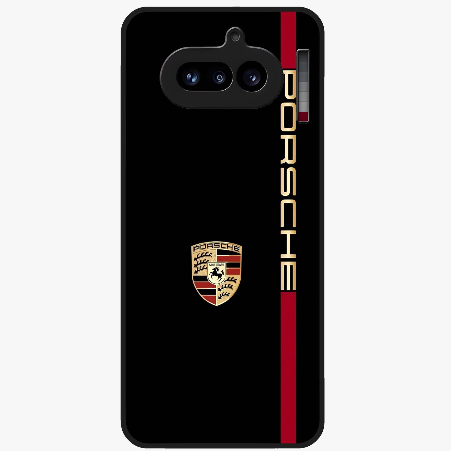 Black Minimal Porsche Glass Case showing flat back view with sleek minimal sports car artwork and glossy glass finish.
