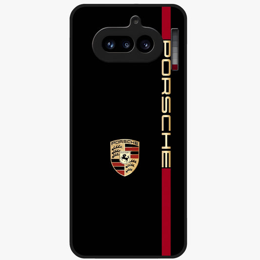 Black Minimal Porsche Glass Case showing flat back view with sleek minimal sports car artwork and glossy glass finish.