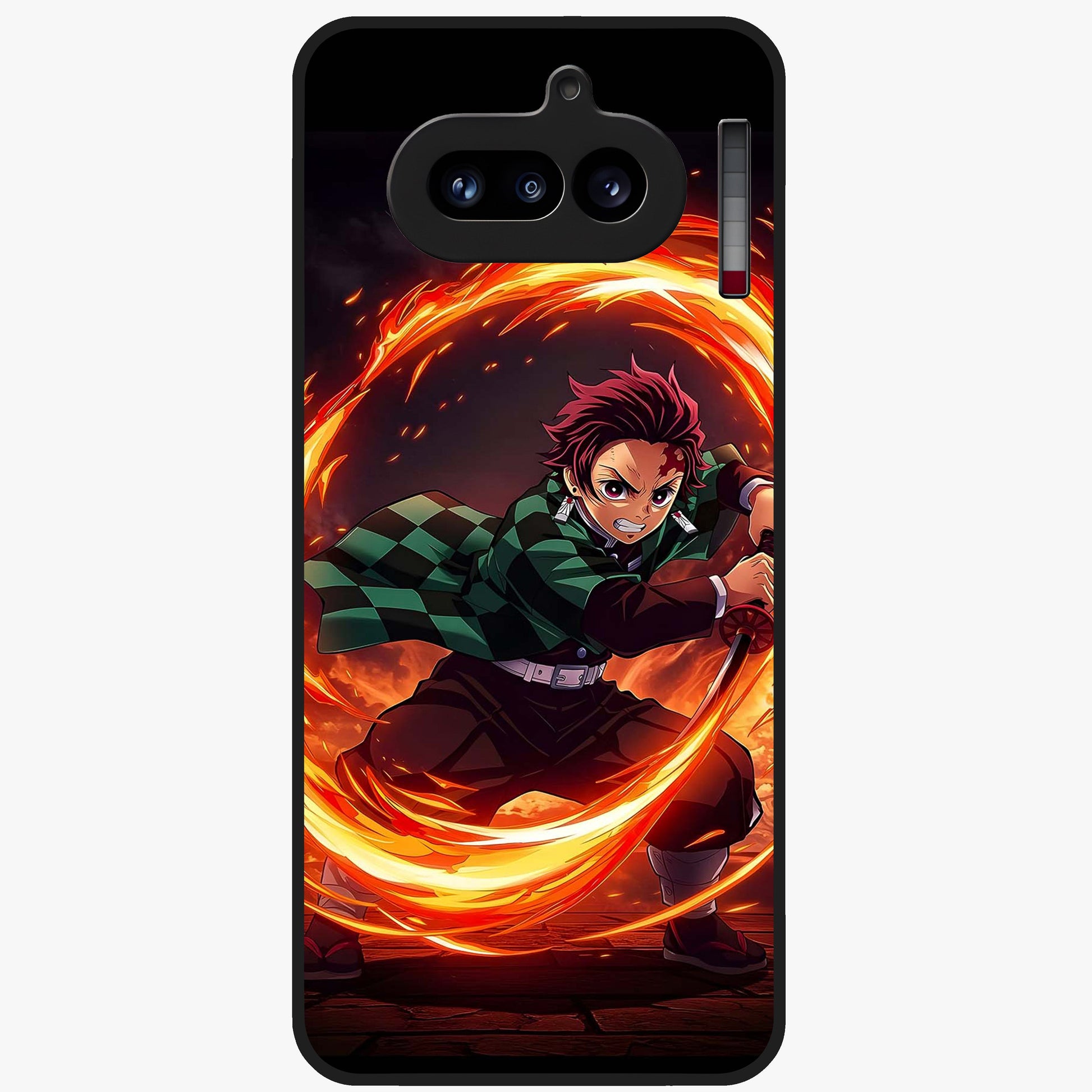 Blazing Sword Resolve Glass Case showing flat back view with fiery sword artwork and glossy glass finish.
