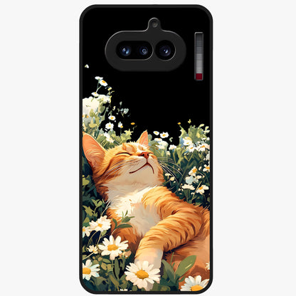 Blissful Bloom Cat Glass Case showing flat back view with cute cat and floral bloom artwork and glossy glass finish.