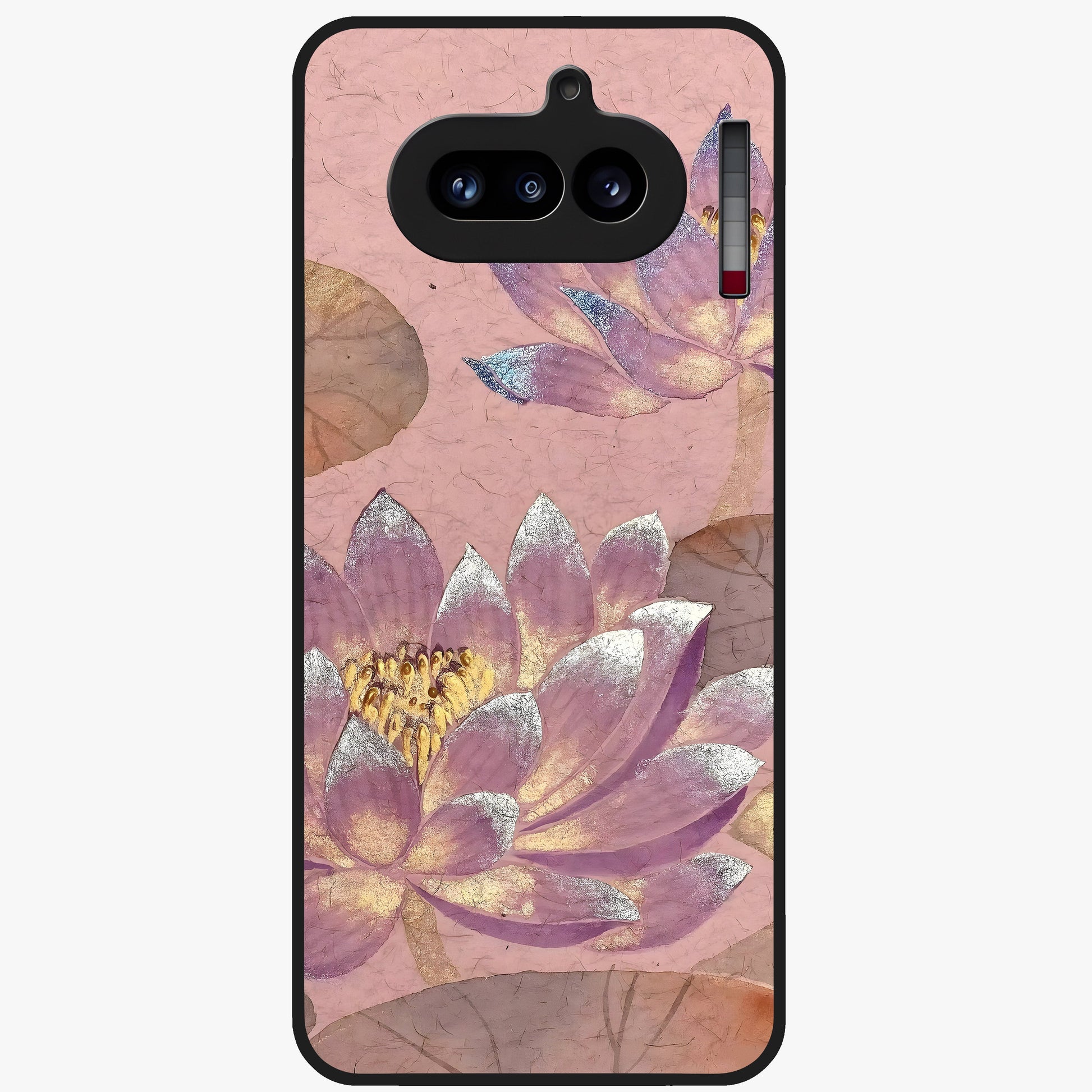 Blossom Mist Lotus Glass Case showing flat back view with serene lotus blossom artwork and glossy glass finish.