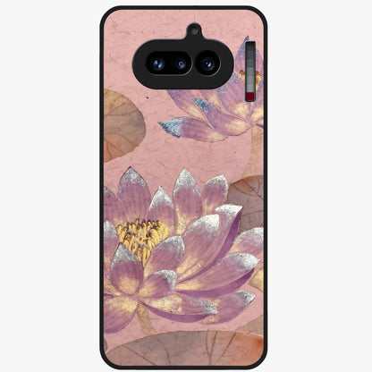 Blossom Mist Lotus Glass Case showing flat back view with serene lotus blossom artwork and glossy glass finish.