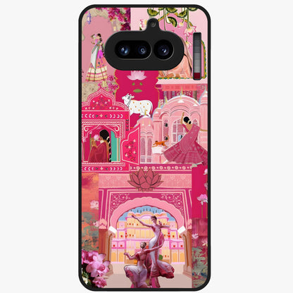 Blossoms of Rajasthan Glass Case showing flat back view with traditional floral artwork inspired by Rajasthan and glossy glass finish.