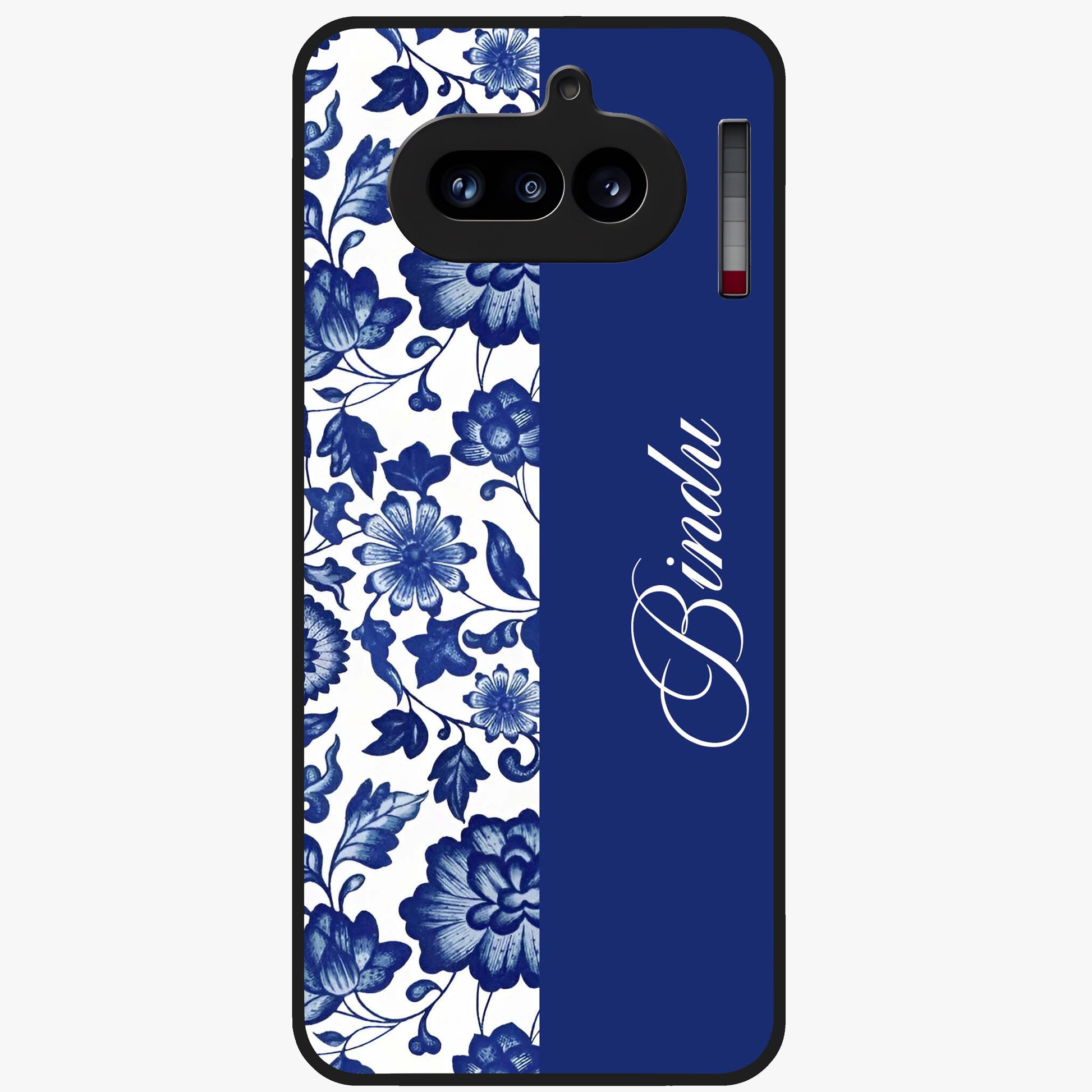 Blue Vintage Floral Pattern Glass Case upright view showcasing timeless floral illustration with vintage inspired style.