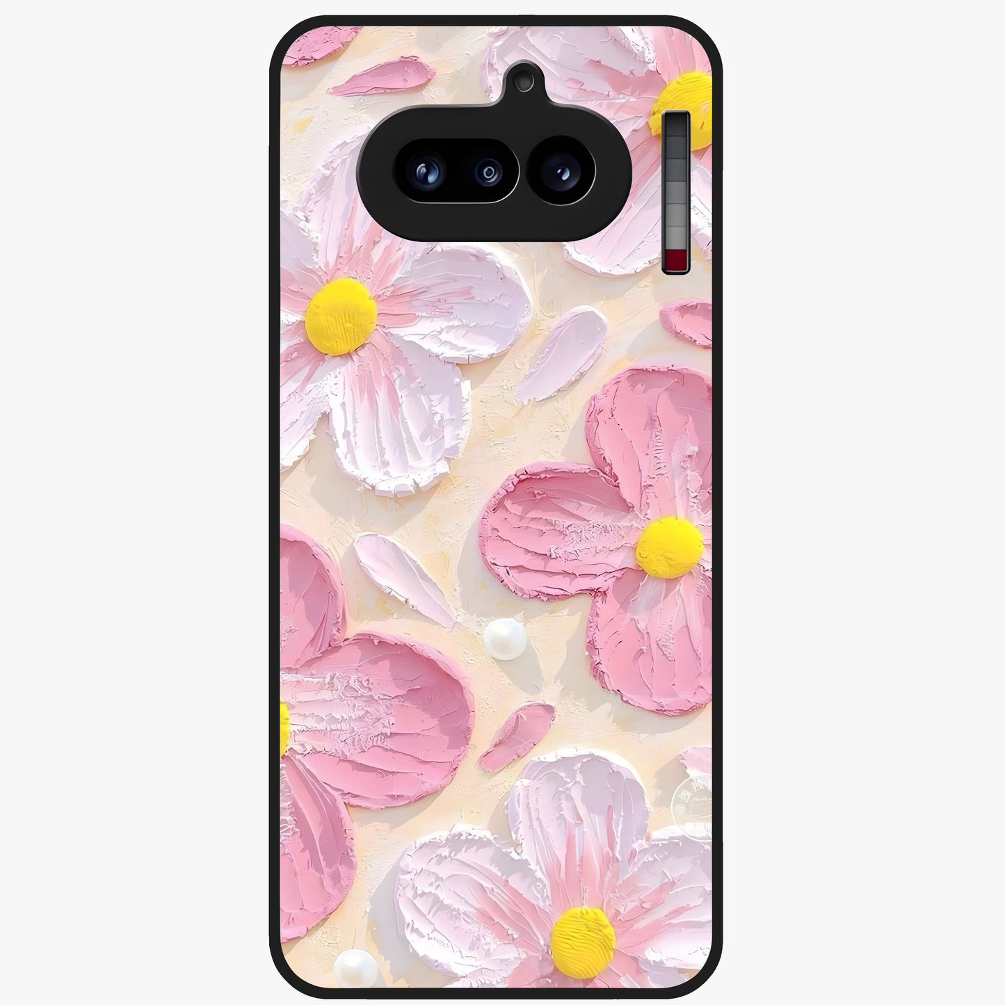 Blush Bloom Texture Glass Case showing flat back view with soft blush floral texture artwork and glossy glass finish.