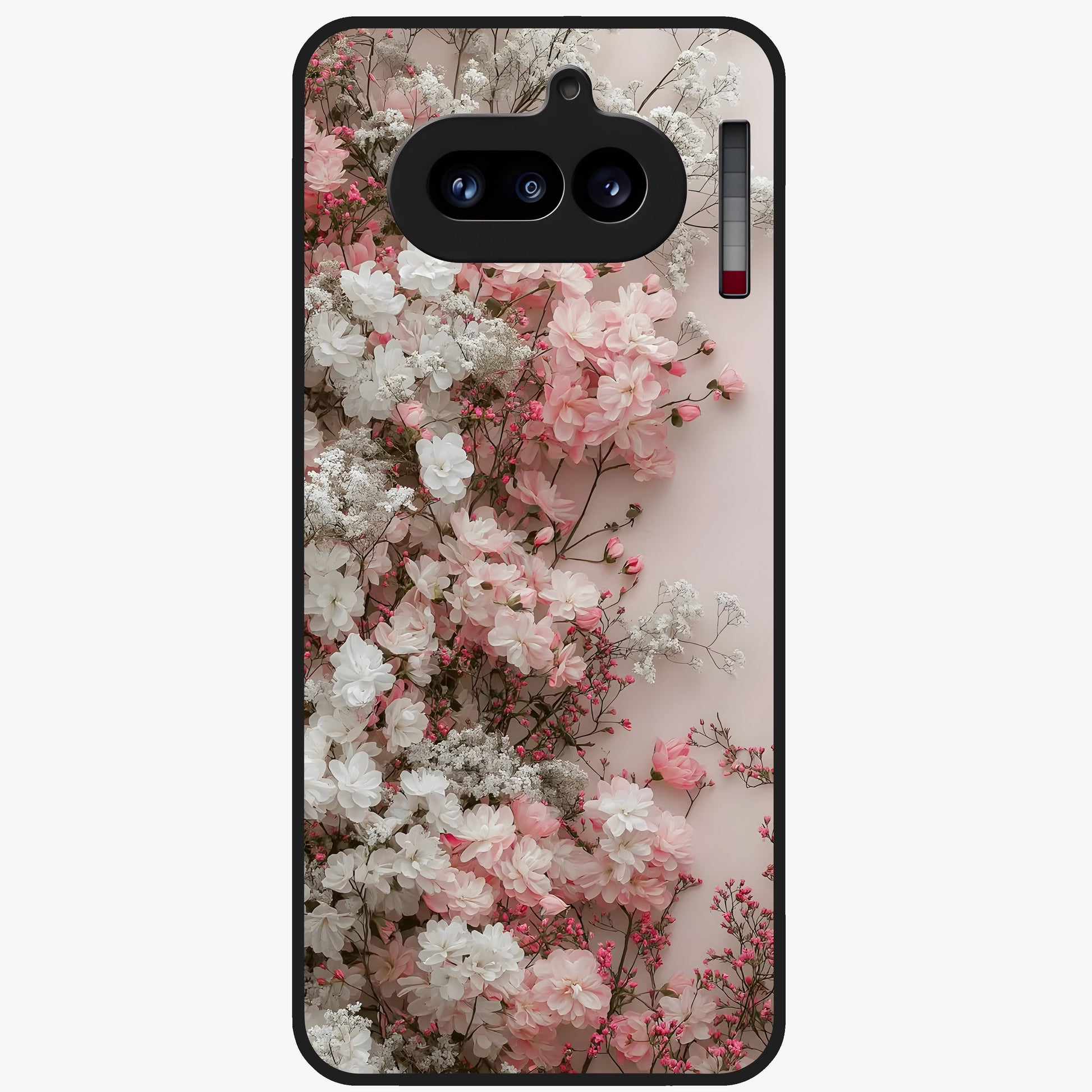 Blush Blossom Cloud Glass Case showing flat back view with dreamy blush cloud blossom artwork and glossy glass finish.