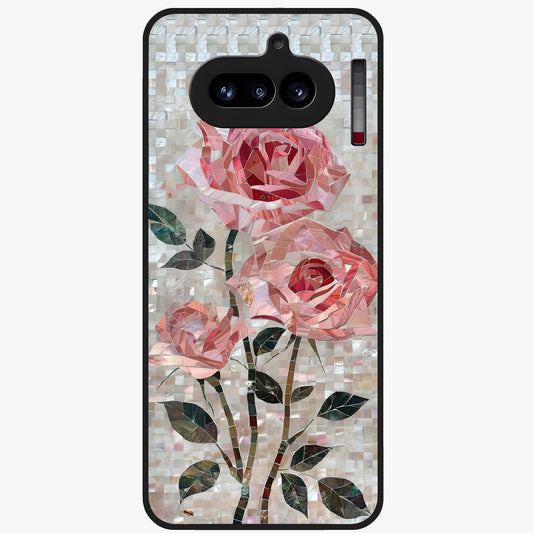 Blush Mosaic Bloom Glass Case showing flat back view with mosaic floral bloom artwork and glossy glass finish.