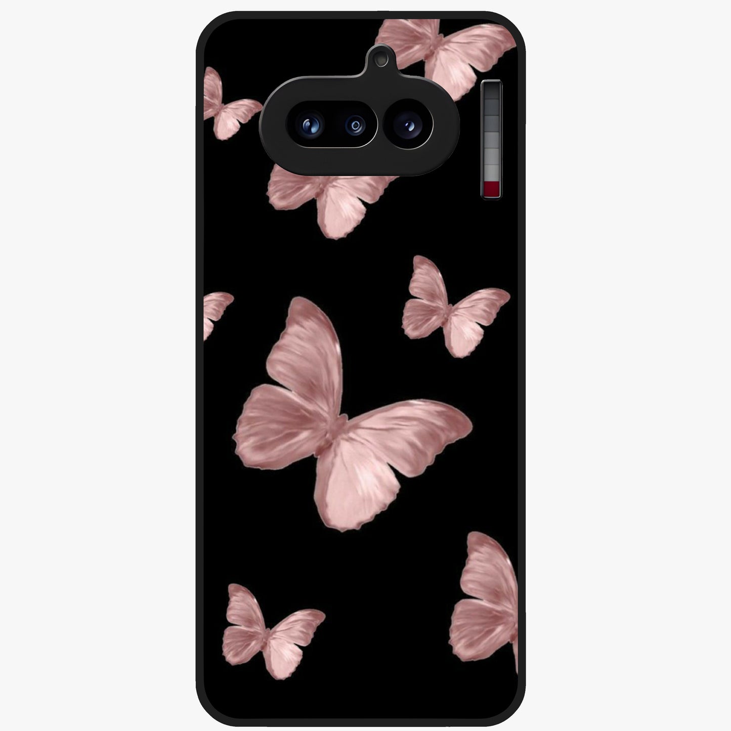 Butterfly Pattern Glass Case showing flat back view with elegant butterfly pattern artwork and glossy glass finish.