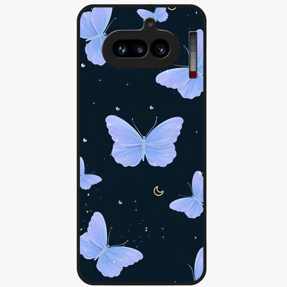 Butterfly With Stars Pattern Glass Case showing flat back view with butterfly and star pattern artwork and glossy glass finish.