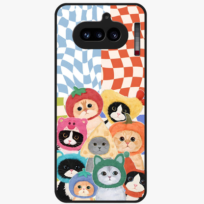 Cats in Fruits Glass Case showing flat back view with playful cat illustrations inside fruit artwork and glossy glass finish.