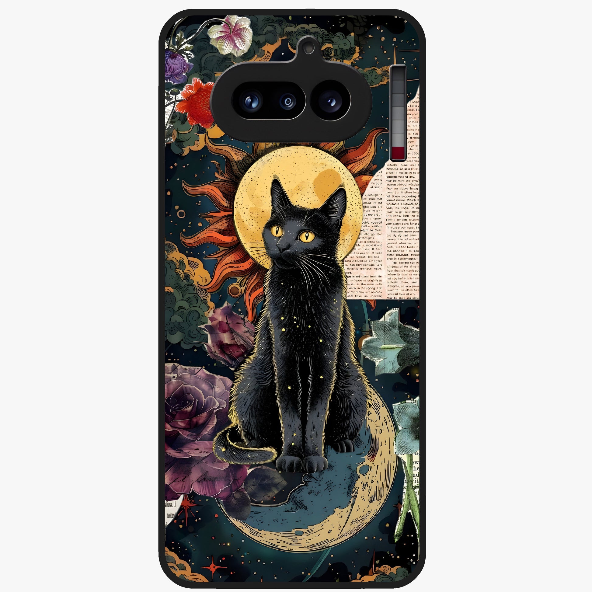Celestial Black Cat Glass Case showing flat back view with mystical black cat artwork and glossy glass finish.