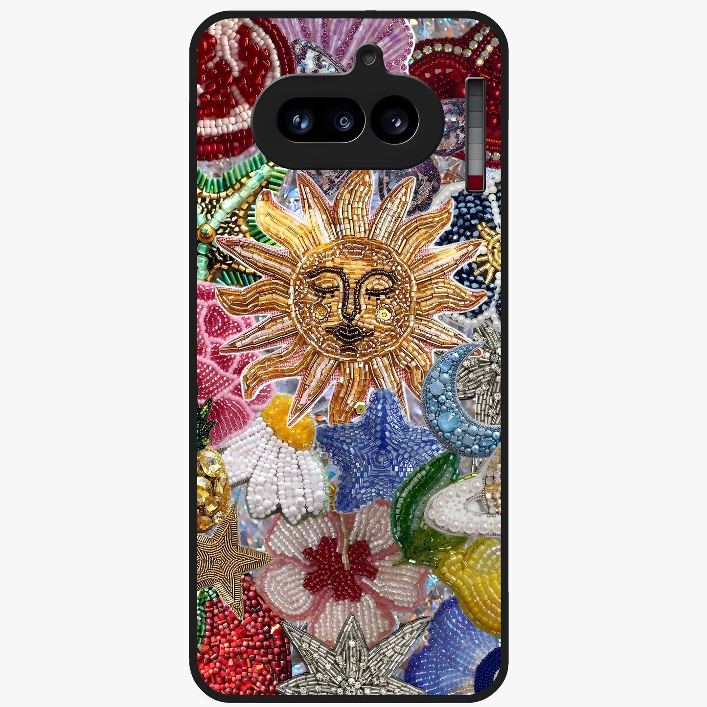 Celestial Floral and Playful Glass Case showing flat back view with floral and celestial themed artwork and glossy glass finish.