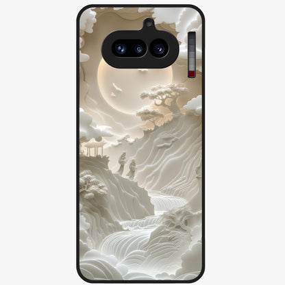 Celestial Origami Glass Case showing flat back view with artistic origami inspired celestial artwork and glossy glass finish.