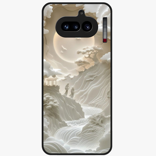 Celestial Origami Glass Case showing flat back view with artistic origami inspired celestial artwork and glossy glass finish.