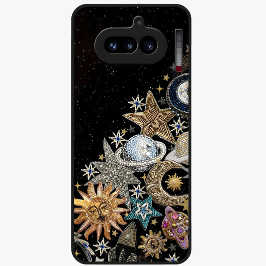 Cosmic Sparkle Dreams Glass Case showing flat back view with sparkling cosmic artwork and glossy glass finish.