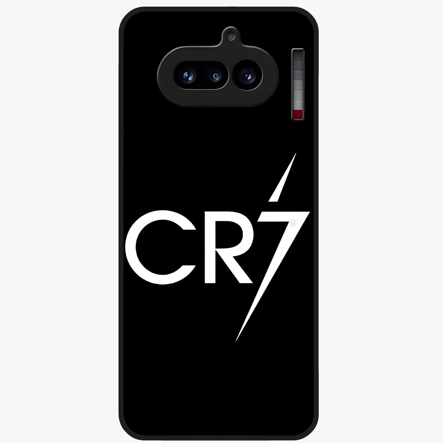 Cr7 Elite Strike Glass Case showing flat back view with dynamic football inspired artwork and glossy glass finish.