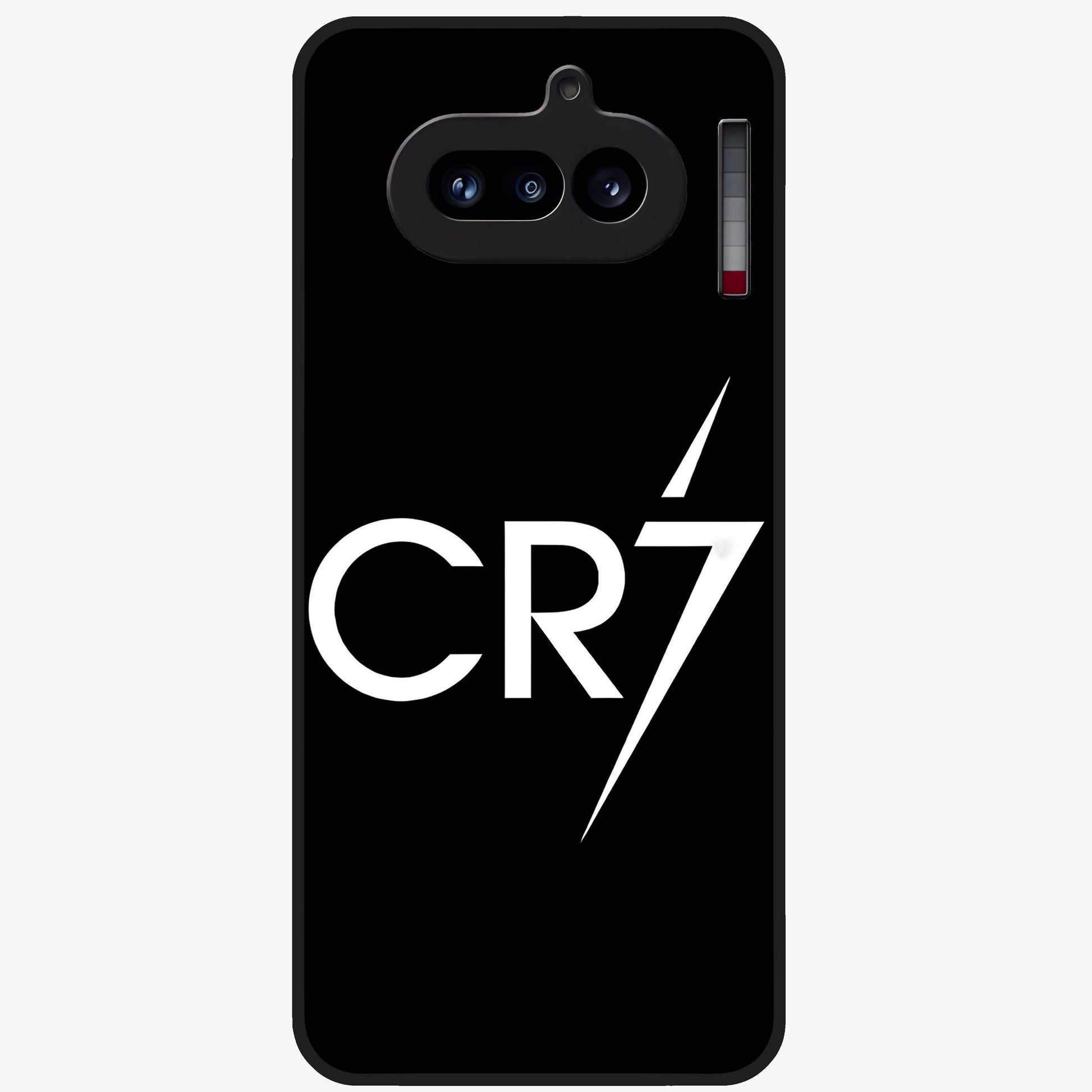Cr7 Elite Strike Glass Case showing flat back view with dynamic football inspired artwork and glossy glass finish.