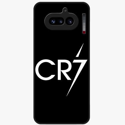 Cr7 Elite Strike Glass Case showing flat back view with dynamic football inspired artwork and glossy glass finish.