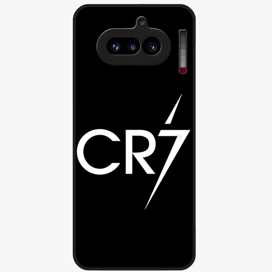 Cr7 Elite Strike Glass Case showing flat back view with dynamic football inspired artwork and glossy glass finish.