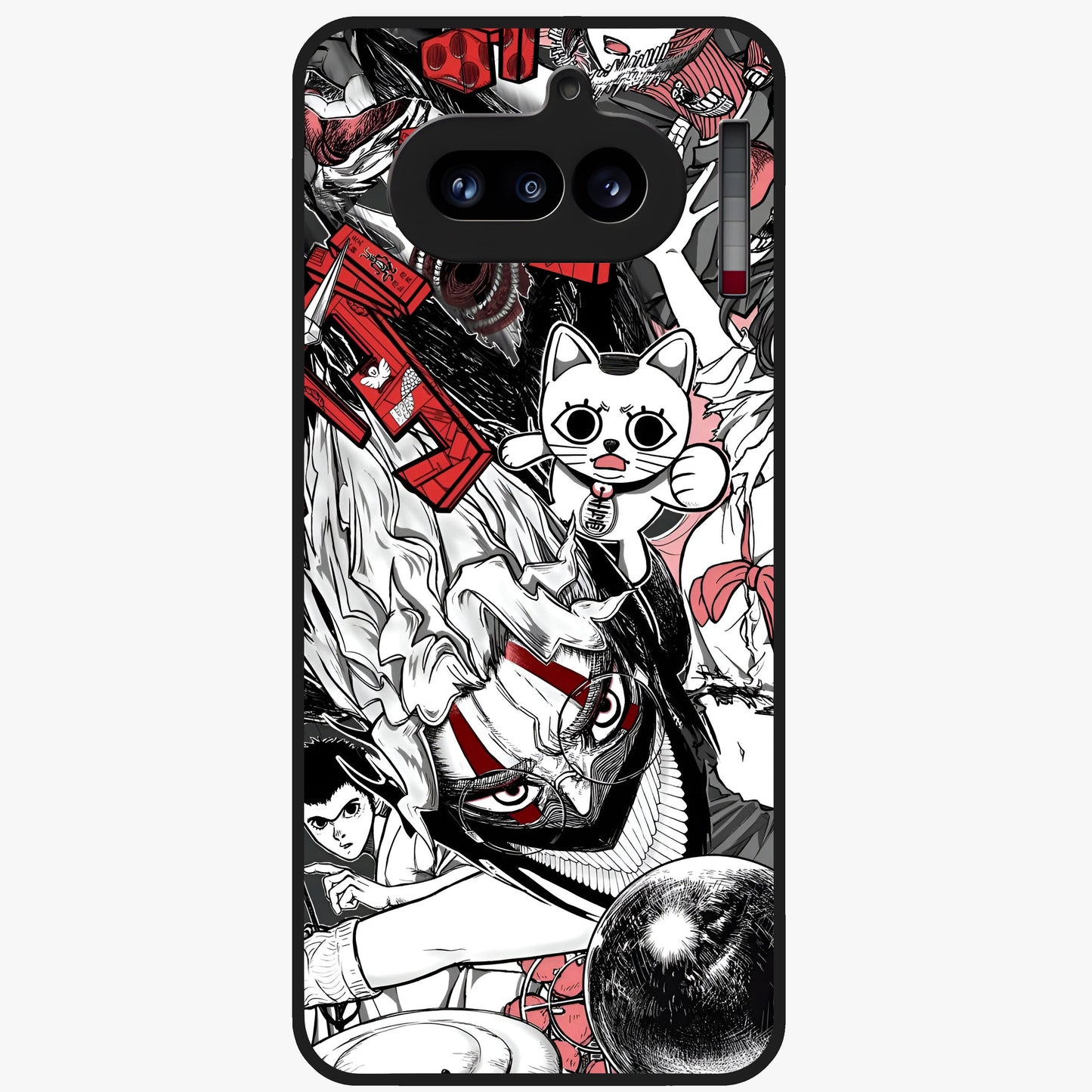 Crimson Chaos Panel Glass Case showing flat back view with bold crimson abstract artwork and glossy glass finish.