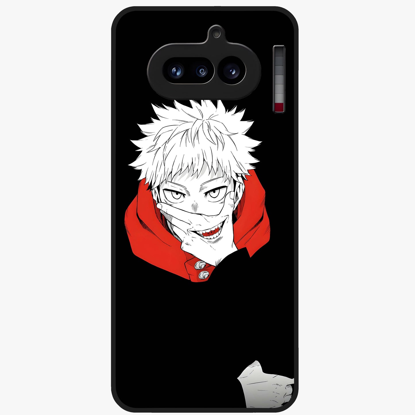 Crimson Chaos Smile Glass Case showing flat back view with bold chaotic smile artwork and glossy glass finish.