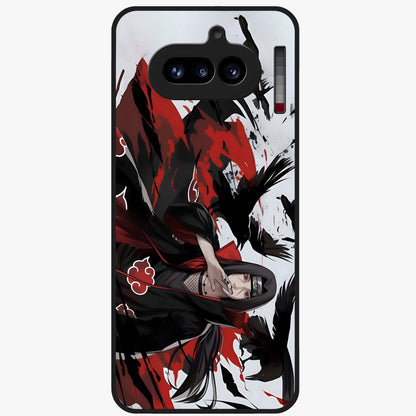 Crimson Crow Illusion Glass Case showing flat back view with artistic crow illusion artwork and glossy glass finish.