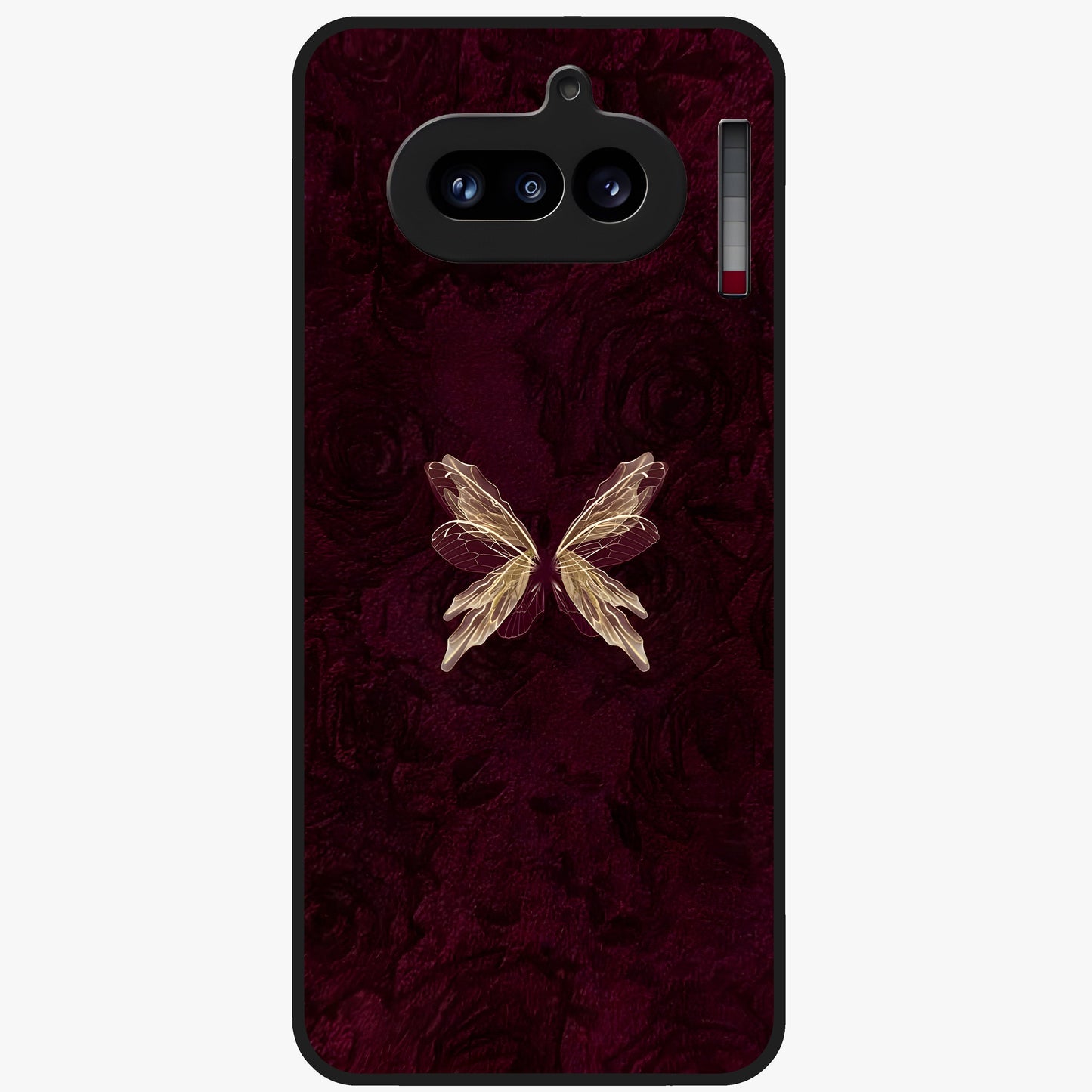 Crimson Fade Butterfly Glass Case showing flat back view with fading butterfly artwork and glossy glass finish.
