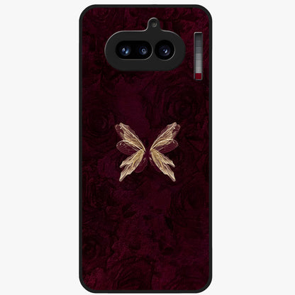 Crimson Fade Butterfly Glass Case showing flat back view with fading butterfly artwork and glossy glass finish.