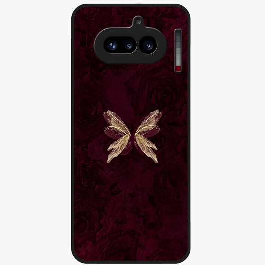 Crimson Fade Butterfly Glass Case showing flat back view with fading butterfly artwork and glossy glass finish.