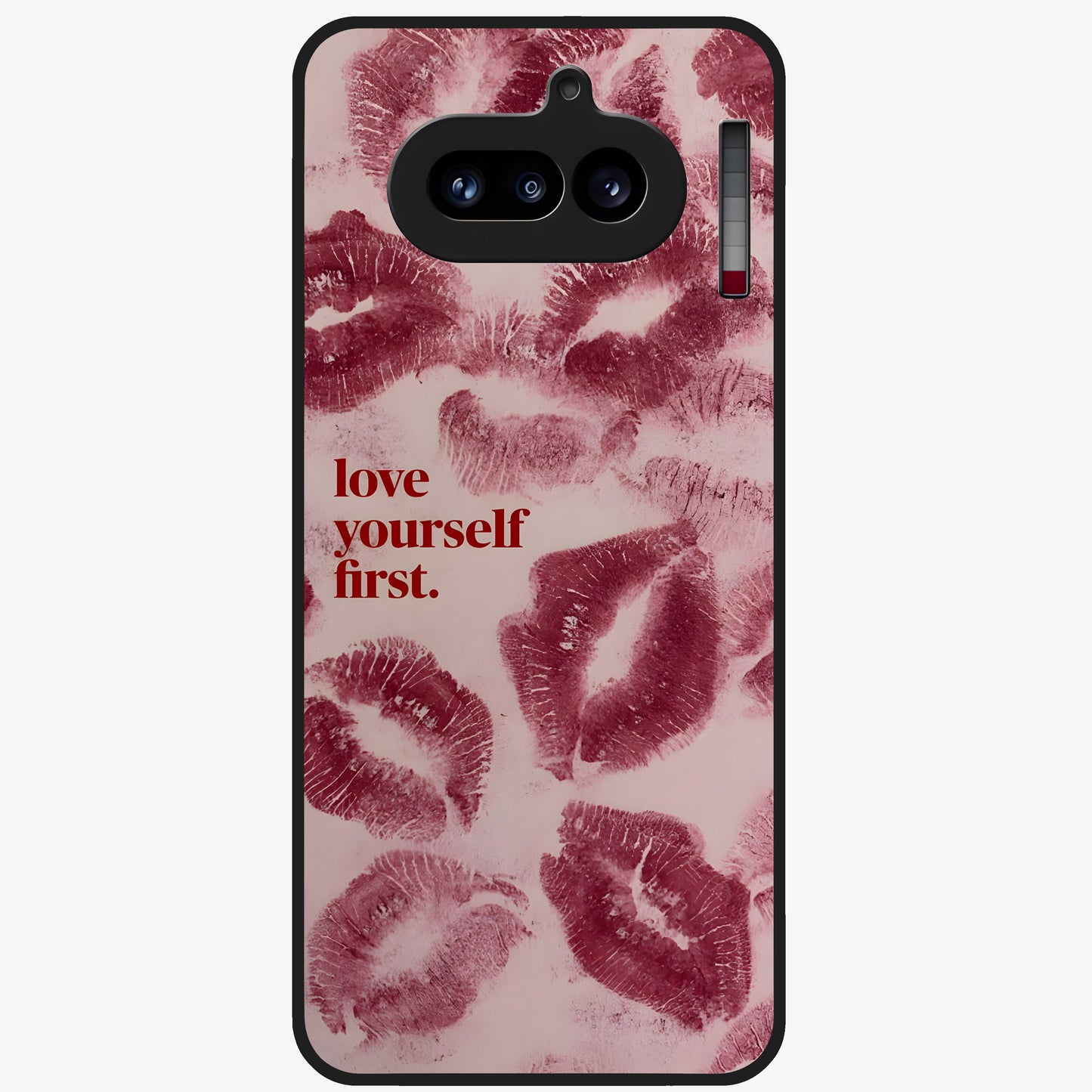 Crimson Kiss Love Glass Case showing flat back view with romantic crimson themed artwork and glossy glass finish.