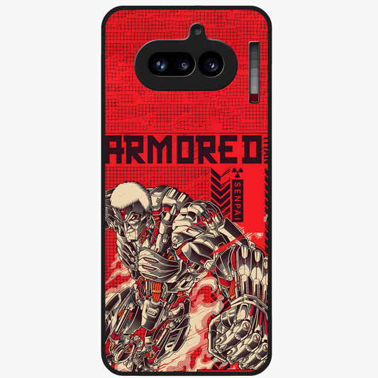 Crimson Mecha Titan Glass Case showing flat back view with powerful mech titan artwork and glossy glass finish.